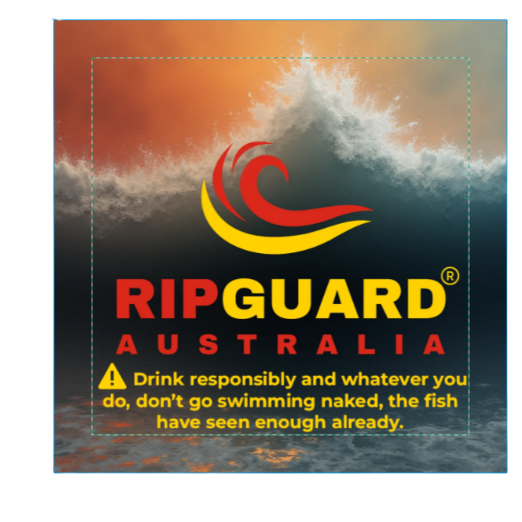 Ripguard Australia advertisement with a wave design and humorous text.