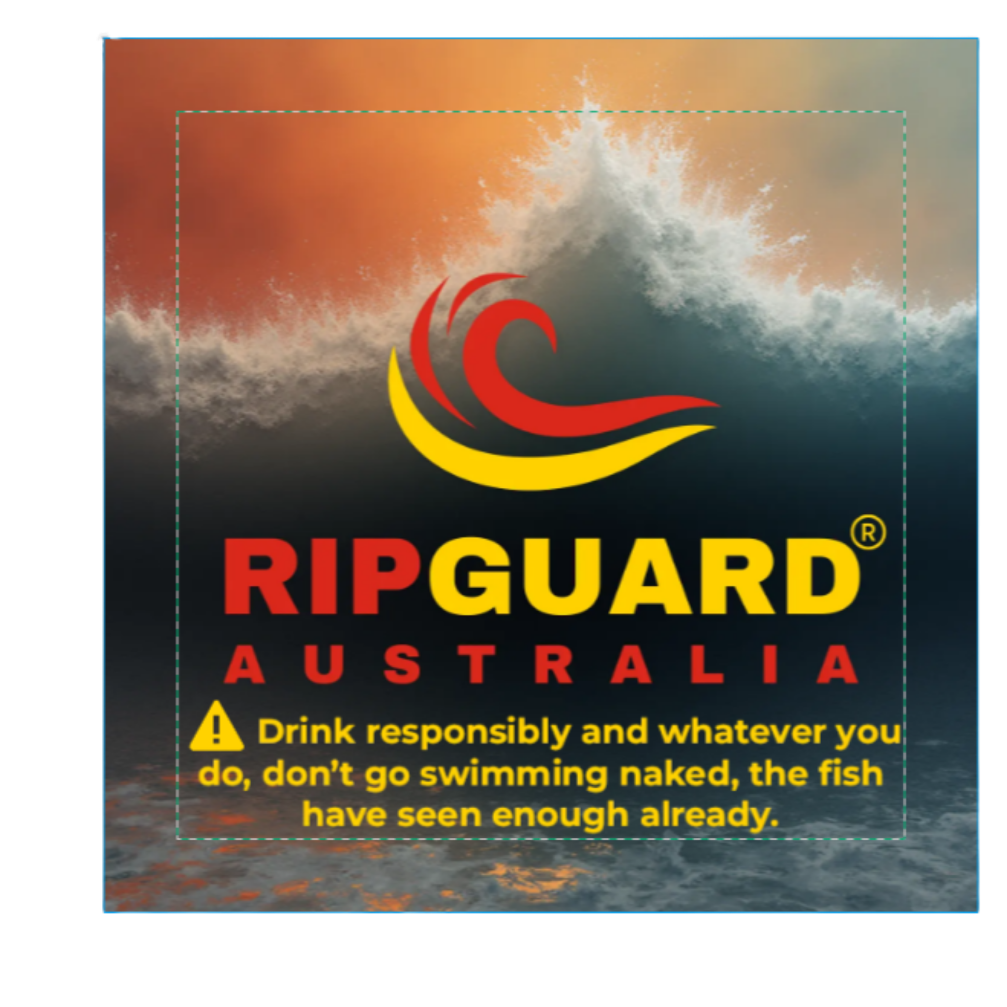 Ripguard Australia advertisement with a wave design and humorous text.